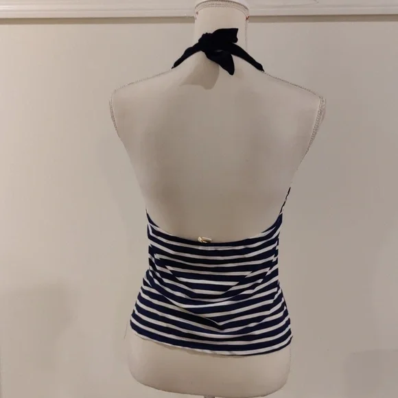 Us Polo Navy & White Striped Halter Tankini Swim Top Yellow Trim Sz m - Picture 3 of 7